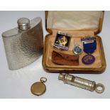 A Policeman's London whistle; hip flask; badges,