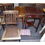 A small oak drop leaf table oval top turned and blocked legs; a mahogany side table,