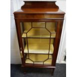 An Edwardian mahogany display cabinet of small proportions, shaped gallery,