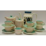 Ceramics - a Poole Pottery two tone turquoise and mushroom coffee service inc coffee pot, cream jug,