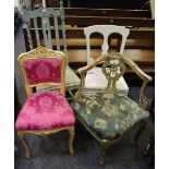 A Louis XIV style gilt framed corner chair; a similar boudoir chair;