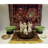 Oriental interest - a pair of Celadon glazed bowls; a Persian salesman's sample rug;