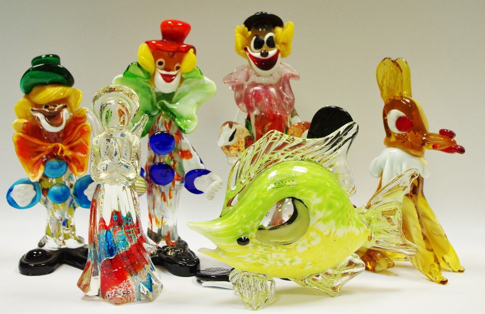 Decorative Glass - Murano - an angel, seated dog, three clowns (one in need of restoration),