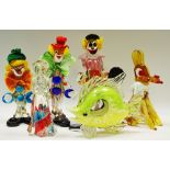 Decorative Glass - Murano - an angel, seated dog, three clowns (one in need of restoration),