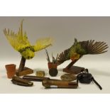 Three horticultural pocket knives; two taxidermy budgies; a reproduction Third Reich pocket compass;