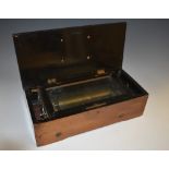 A 19th century rectangular cylinder music box, hinged cover, cranking handle,