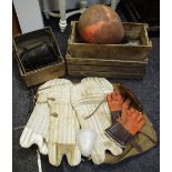 Salvage - an early/mid 20th century cricket bag with pads; leather boles case; buoy; crates;