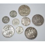 Coins - a George IV silver crown, 1821; a Victorian silver crown, LXIV, 1900; others,