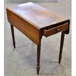 A George III mahogany Pembroke tea table single cock beaded drawers to frieze turned tapered legs