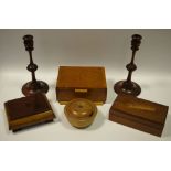 Boxes and Objects- treen candlesticks, sycamore butter dish, 1930's box,