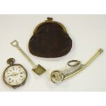 A lady's silver open faced pocket watch, white enamel dial, Roman numerals,