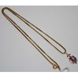 A 9ct gold box chain and Amethyst pendant, hallmarked gross weight 7.