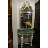 A Verde marble consort table moulded top, decorated frieze, turned tapering legs,