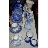 A pair of 19th century continental figures; Wedgwood Jasperware; other blue and white.