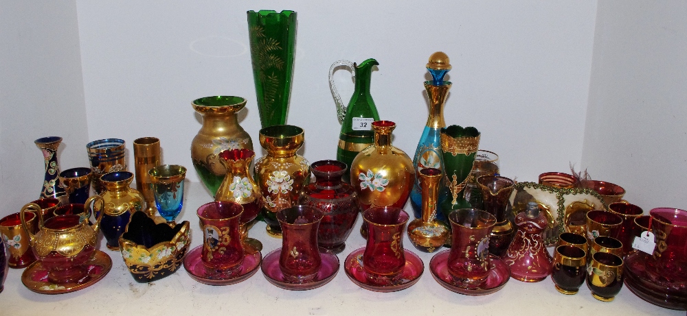 Bohemian Glassware - a good variety of coloured examples including Venetian glasses,