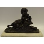 French School, a dark patinated bronze, Reading Time, white marble base, 26.