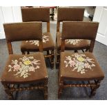 Four oak dining chairs, tapestry back and seat, bobbin turned stretcher.