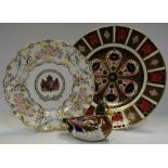 A Royal Crown Derby 1128 pattern cabinet plate; a paperweight Mallard, silver stopper,