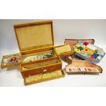 Costume jewellery - necklaces; rings etc; a 1940/50's sewing kit.