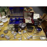 A canteen Kings pattern cutlery; other flatware; teapots; salts,