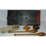 Toys & Juvenalia - a pair of spinning/juggling clubs; wooden bagatelle game;