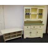 A painted kitchen sideboard, moulded cornice above a pair of glazed doors,