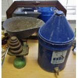 A set of shop balance scales and weights; an Esso Blue paraffin container;