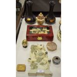 An Oriental jadeite figure group fanciful cranes; oriental diorama topped jewellery box; ink pot;