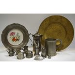 Metalware - An Eastern brass charger; pewter mustard, salt and pepper,