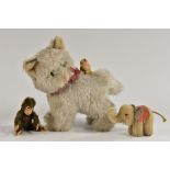 Steiff Animals- a standing grey white cat with bird riding its back, tag and button to birds leg,