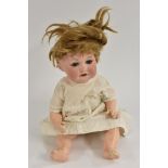 Armand Marseille - a bisque head socket doll, sleeping grey blue eyes, open mouth, light brown hair,