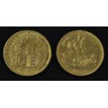 Coins - a Victorian gold half sovereign, shield back, dated 1892; a Victorian gold half sovereign,
