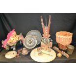 Boxes and Objects - an Afghan mirror work elephant; a bronze coloured metal gong,