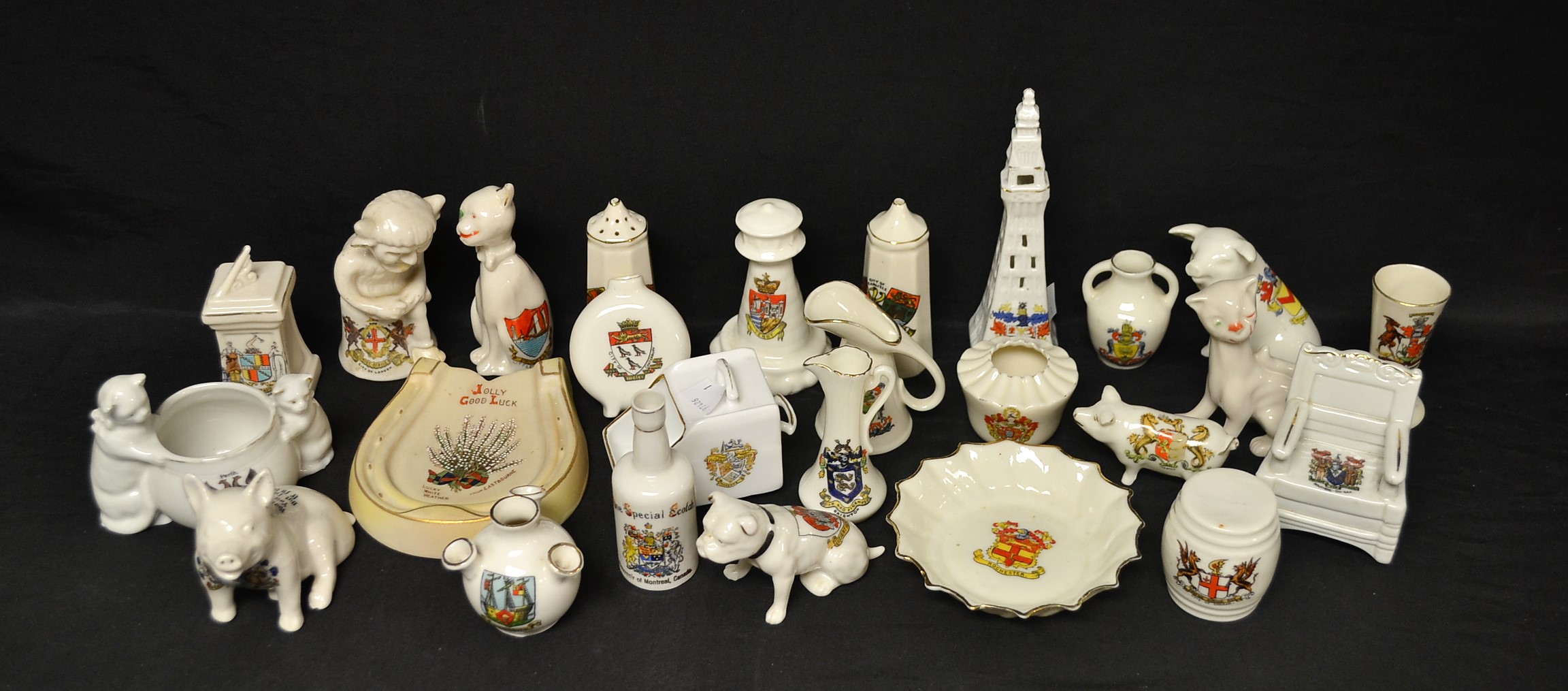 Crested Ware - a collection of miniatures, various manufacturers, including Pixie, pigs, barrel,