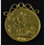 Coins - a George V gold sovereign, dated 1911, mounted with a 9 ct gold suspension loop, 8.