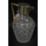 A Victorian silver mounted hobnail-cut clear glass ovoid claret jug, hinged cover, angular handle,