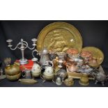 Metalware - a three piece EPNS tea set; an Old Hall teapot; flatware; brass;