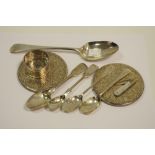 A silver George III table spoon; silver mustard, 3 teaspoons, fruit knife, napkin ring,
