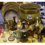 Metalware - a George III style brass log bin, lion mask handles,