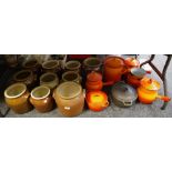 Kitchenalia - salt glaze and earthenware two handled pots; Le Creuset casserole;