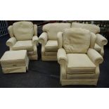 A modern four piece suite upholstered in light beige Damask fabric comprising three seat sofa two