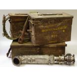 Militaria - three ammunition cases; a Refrasil '10 suit' hot air pipe; belt;