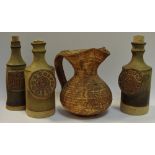 Studio Pottery - Cornwall - three Tremar Pottery flasks/decanters comprising gin,