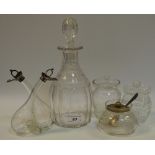 A silver mounted double oil and vinegar bottle; a crystal decanter; cut glass preserve pot;