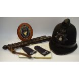Police Interest - Bootle County Borough police helmet; shoulder badges; two truncheons;