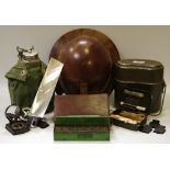 Militaria - A carbon fibre helmet marked to rim M348; two canteens; various modern compass';