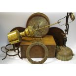 An unusual locking metal box; symphonium discs; oil lantern bases,