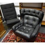 A black leather low button back swing armchair;