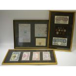 Coins & Stamps - framed display of British banknotes and coinage between 1939 - 1945 including a