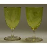 Two Mary Gregory goblets, enamelled in white with a boy and a girl, c.